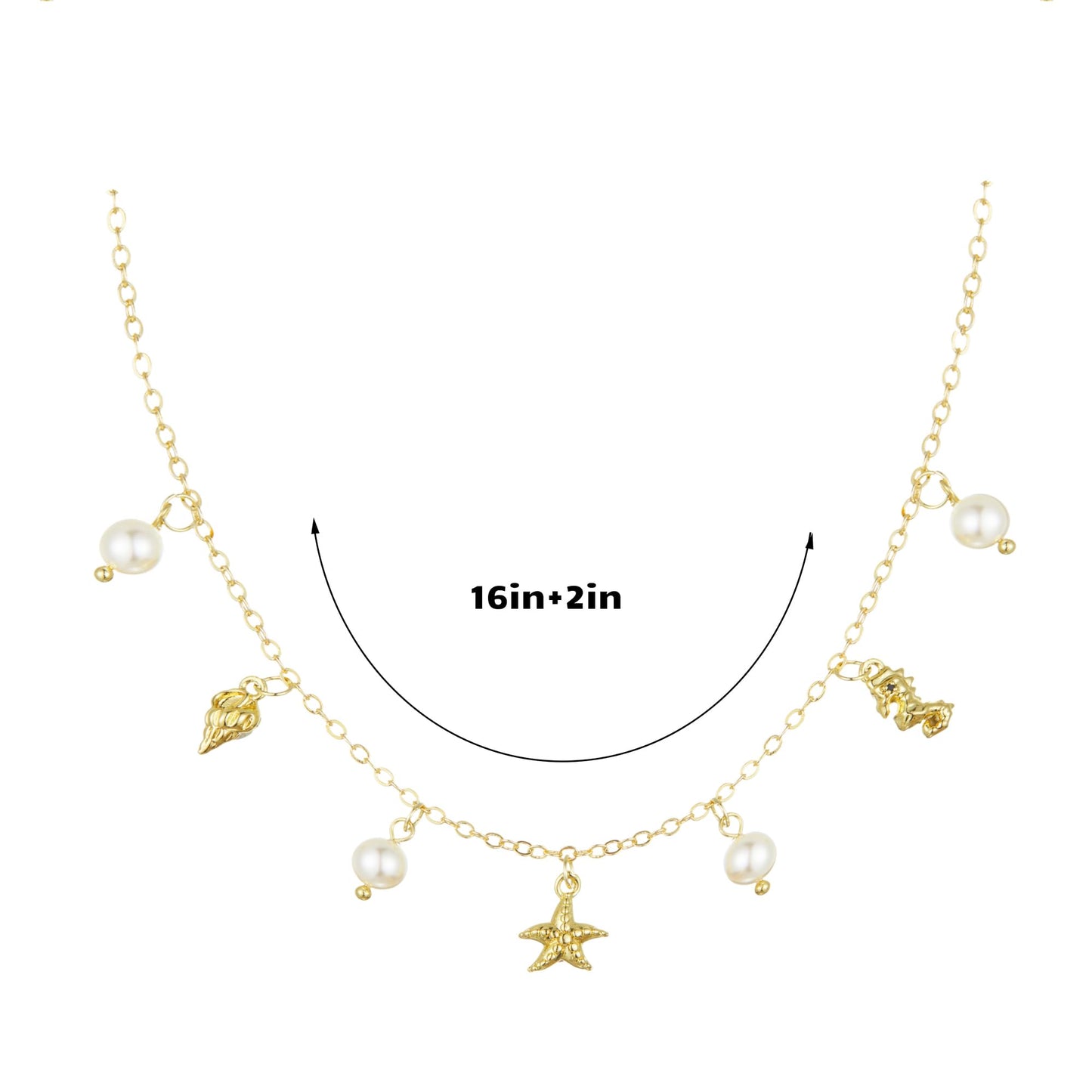 Seashell Starfish Necklace for Women Conch Shell Summer Pearl Beach 14k Gold Layered Dainty Choker (Conch Pearl)