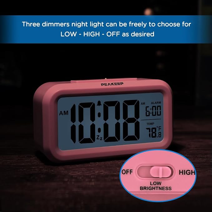 Peakeep Night Light Digital Alarm Clock Battery Operated Indoor Temperature | Small Cordless Cute Clock for Bedroom Desk Travel, Simple to Use for Teens Kids (Pink)