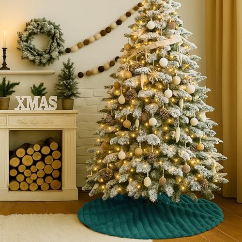 Faux Fur Christmas Tree Skirts, 48 inches Plush Fluffy Christmas Tree Skirt with Stripe Textured Pattern for Christmas Tree Decorations (122CM, DarkGreen Stripe)