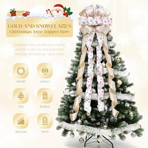 Christmas Tree Topper Bow, 13" Large Gold White Glitter Ribbon Bow with Snowflakes Print, Elegant Xmas Tree Top, Long Wired Ribbon, Decoration for New Year Holiday Party & Farmhouse Decor