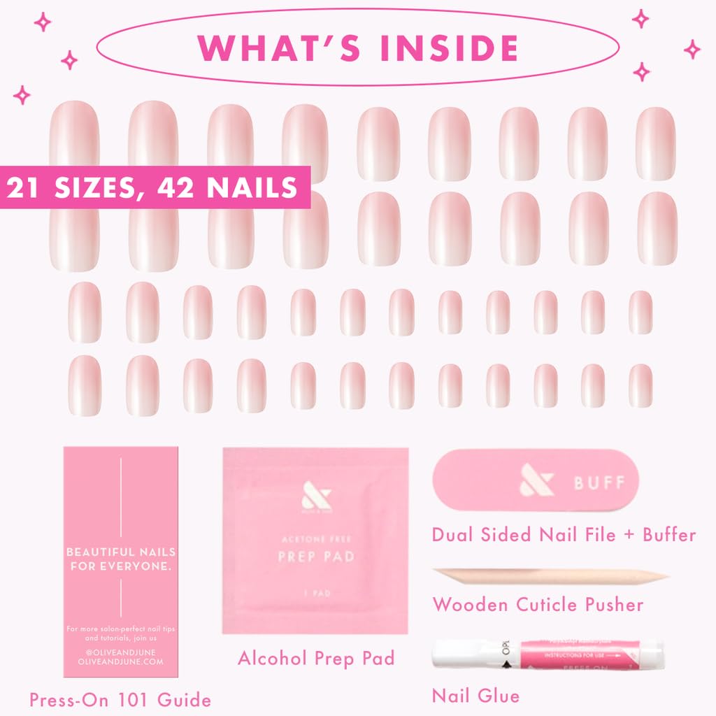 Olive & June Minimalist Instant Mani Press On Nails (Glue) | 42 Fake Nails, 21 Sizes | Non-Toxic, Long-Lasting Barely-There Look | Salon-Quality at Home | Short, Round | Rose Syrup Gradient