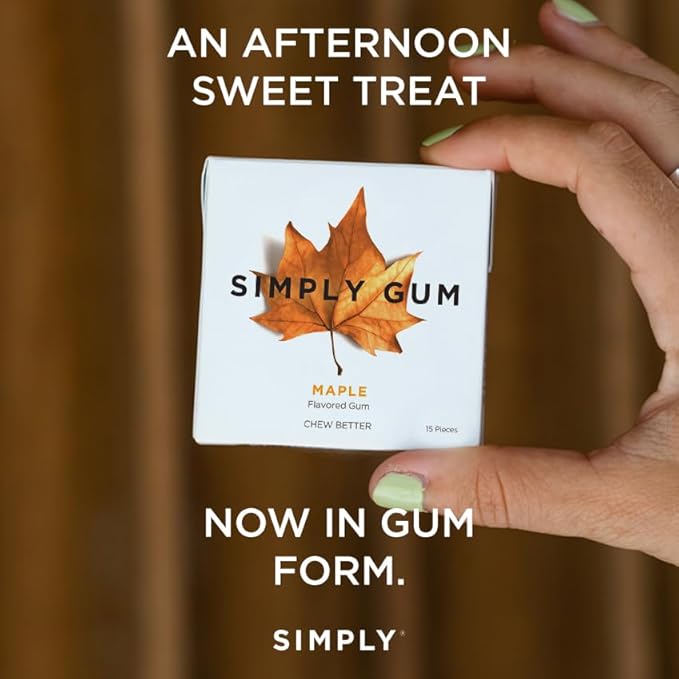 SIMPLY Gum Maple, Plastic-Free Natural Chewing Gum, 6 Pack (90 Pieces) | Vegan, Kosher, Non GMO, Aspartame Free and Sorbitol Free