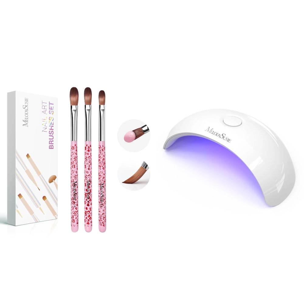 MelodySusie 3Pcs Acrylic Nail Brush Set with Portable UV LED Nail Lamp for Semi Cured Gel Nail Strips