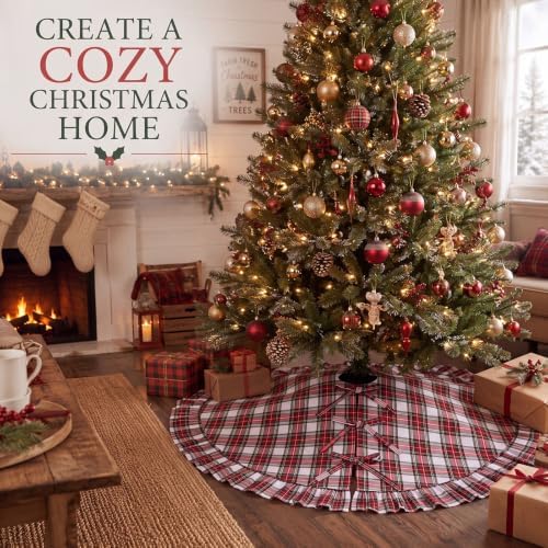 48 Inch Plaid Christmas Tree Skirt with Ruffle, Red White Yellow