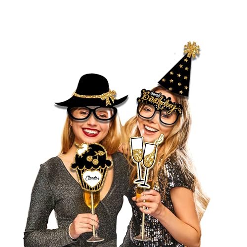 38Pcs Funny Photo Booth Props with Sticks - Selfie Pose Signs for Birthday, Valentine's Day, Men Women Party Decorations - style: Party Birthday-Gold