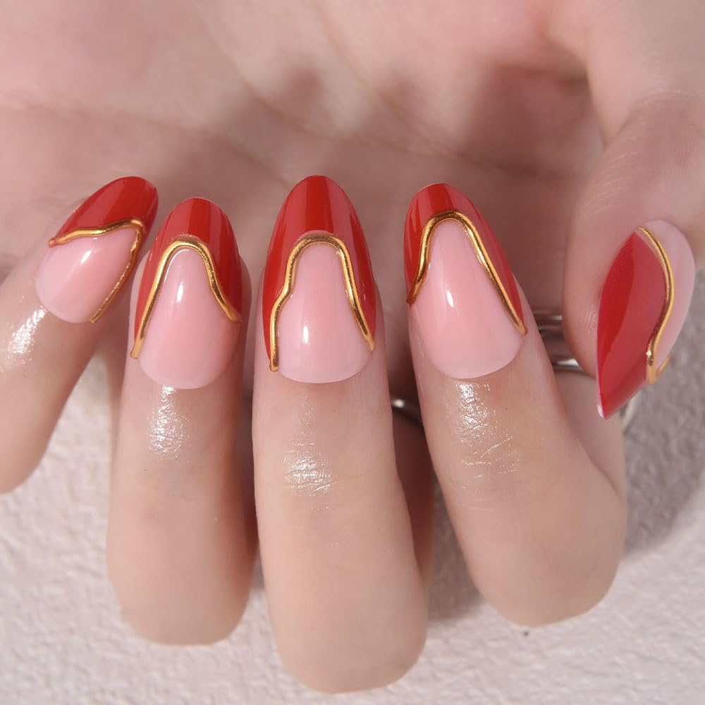 evpct French Tip Press On Nails Short Almond, Nude Pink + Gold Line & Ruby Red Tips, Glossy Short Almond Fake False Press on Nails, Reusable Gel Stick on nail Press ons with Nail Kit, Salon Quality