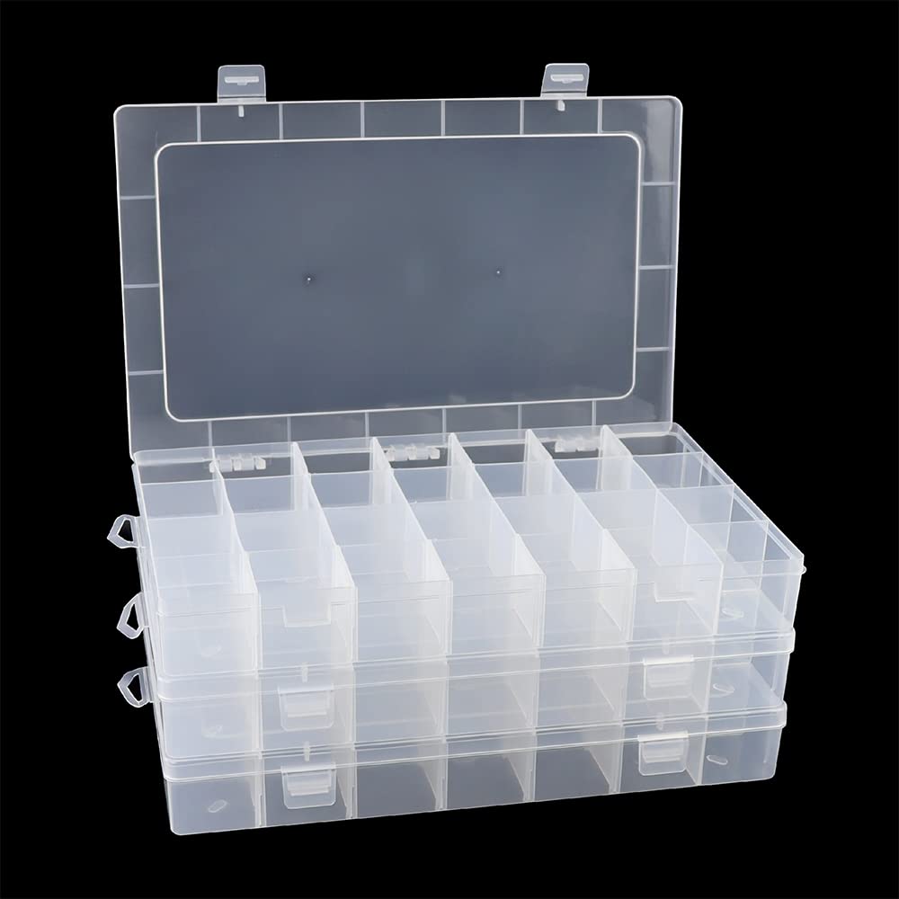Tellyouwin 3Pack 28 Compartment Organizer Box with Parkical Adjustable Dividers, 28 Grids Plastic Storage Container for Jewelry, Craft DIY, Bead Organizer, Sewing, Dip Powder, Hair Accessories
