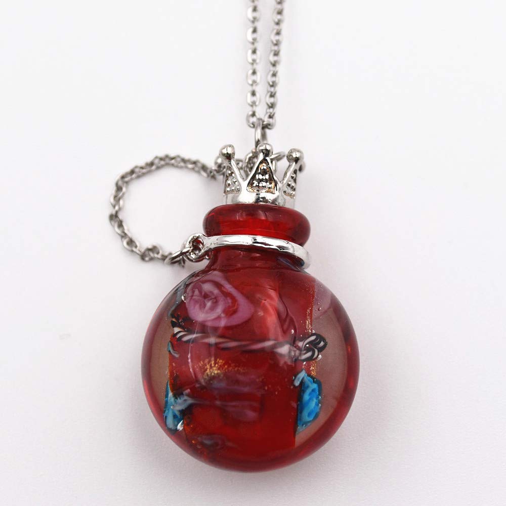 Stainless Steel Colored Glass Pendant Necklace Diffuser Perfume Pendant Aromatherapy Charms (Red)