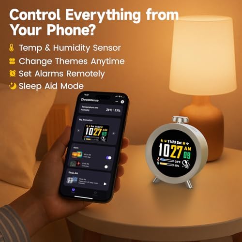 Dekala ChronoSense Smart Alarm Clock for Bedroom Temperature Humidity, 7-Day Programmable 4 Alarms, 100dB Loud Gradual Alarm for Heavy Sleeper, Hourly Chime, White Noise Sound Machine, App Control