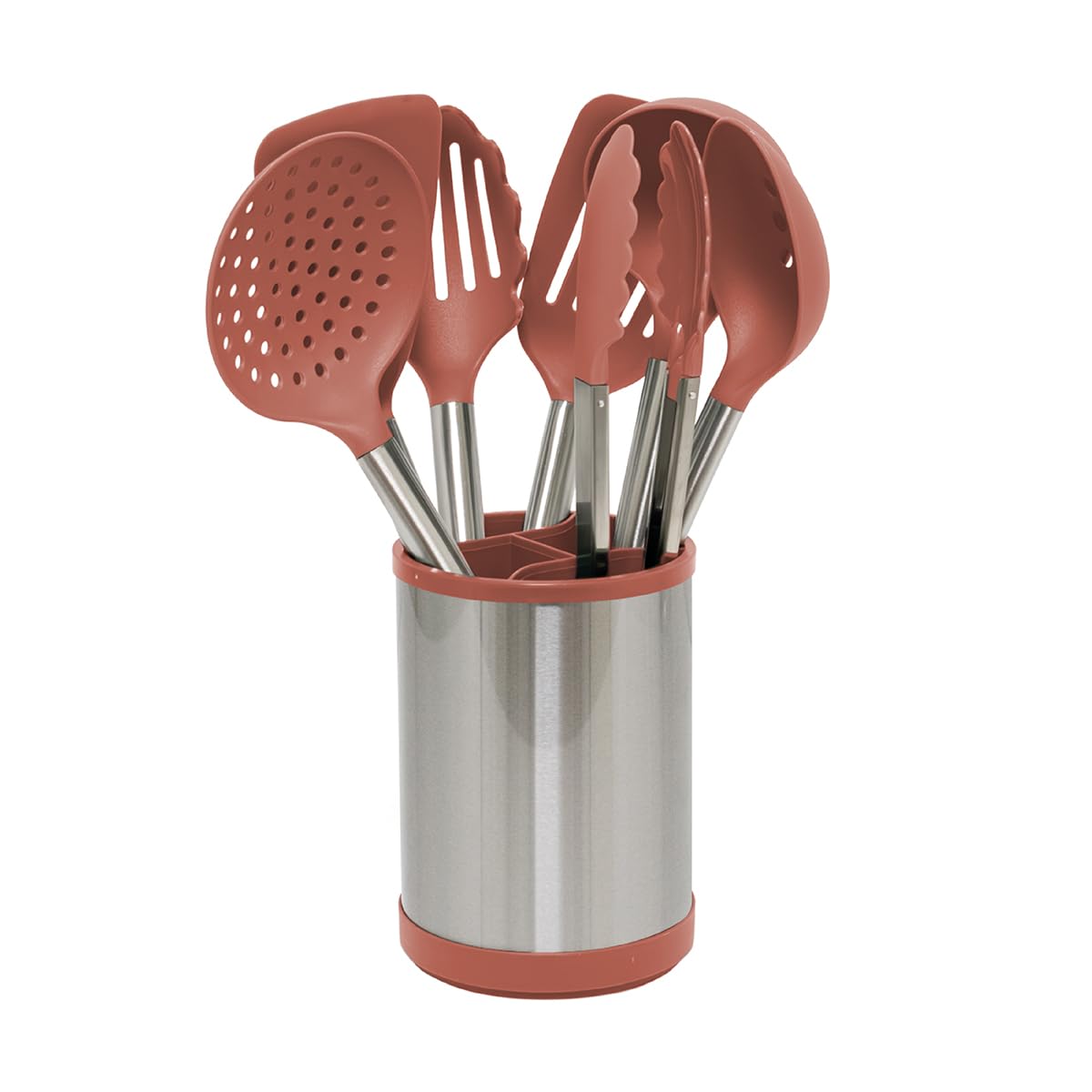 Glad Kitchen Utensils Set, 8pcs - Nonstick Cooking Tools with Stainless Steel Handles & Rotating Utensil Holder - Turners, Ladle, Spoon, Tongs, Spaghetti Server, and Skimmer - Dishwasher Safe, Rust