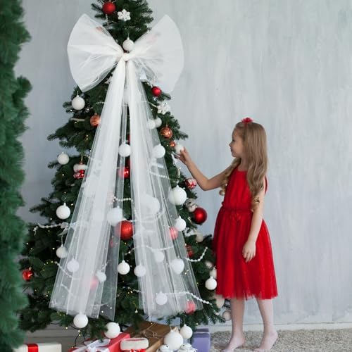 Soulchen 49 Inch Christmas Tree Topper Bow Large Tulle Ribbon,White