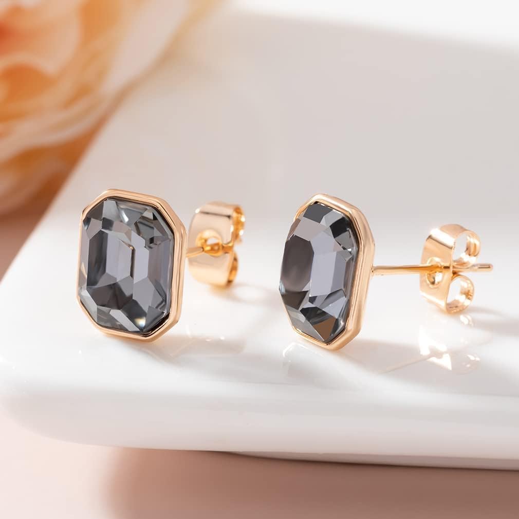 Austrian Crystal Octagon Stud Earrings for Women Fashion 925 Sterling Silver Post Hypoallergenic Jewelry (Black)