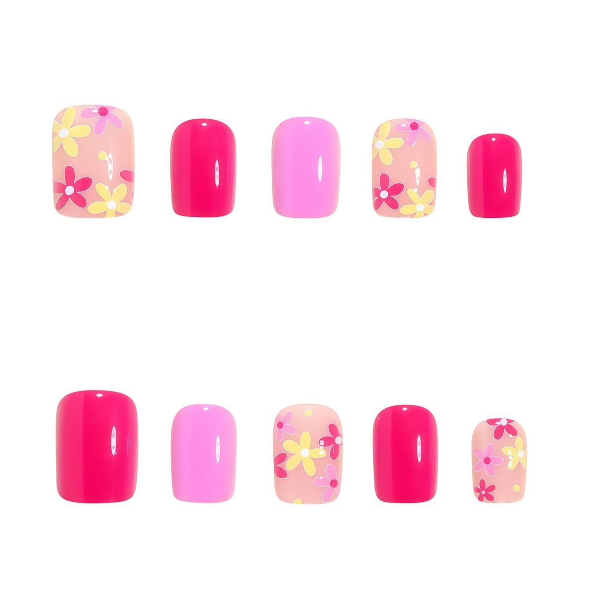 LINMEIZAI Press on Nails Short Square Spring Flower Glossy Acrylic Fake Nails Press ons Glue on False Nails for Women Reusable Cute Manicure Set Rose Red Pink Stick on Nails French Tip Kit 24Pcs