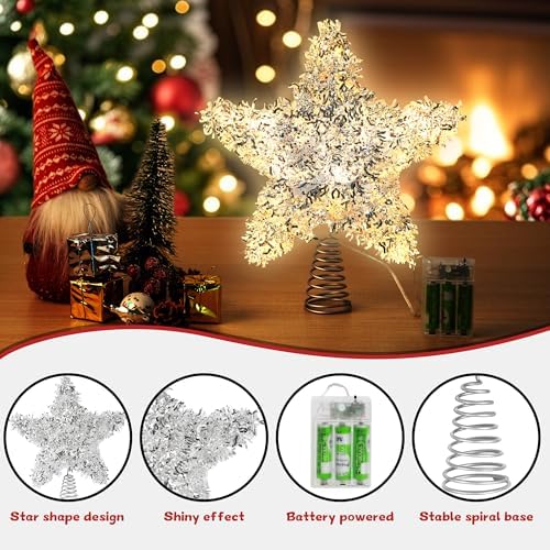 Christmas Tree Topper Star Silver Tinsel Star Tree Topper 10 Inch Lighted Tree Topper Battery Operated Christmas Tree Decoration for Holiday Indoor Decoration Warm White Light