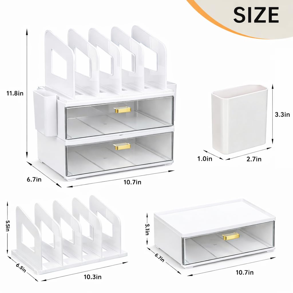 CiWiVOKi White Desk Organizer with 4 File Holder Slots, 2 Clear Drawers & Dual Pen Holders, Sturdy Multi-Functional Desktop Storage for Home Office, Mail Sorter & Caddy