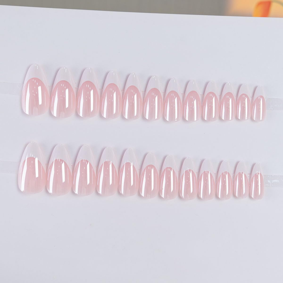 FJSMTOPl Press On Nails - Almond Fake Nails - French Tip False Nails Press ons - Medium Glue on Nails with Chrome Design - for Women Stick on Nail 24Pcs