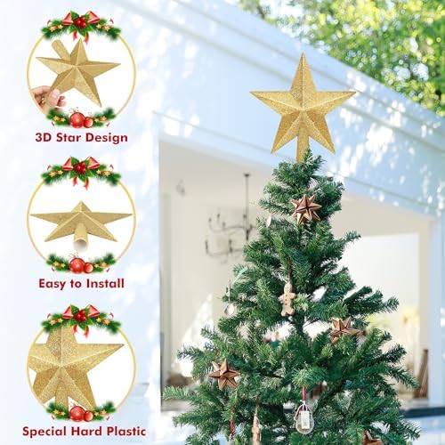 Christmas Tree Star Topper, 8" Gold Glitter Xmas Star Tree Decorations, 3D