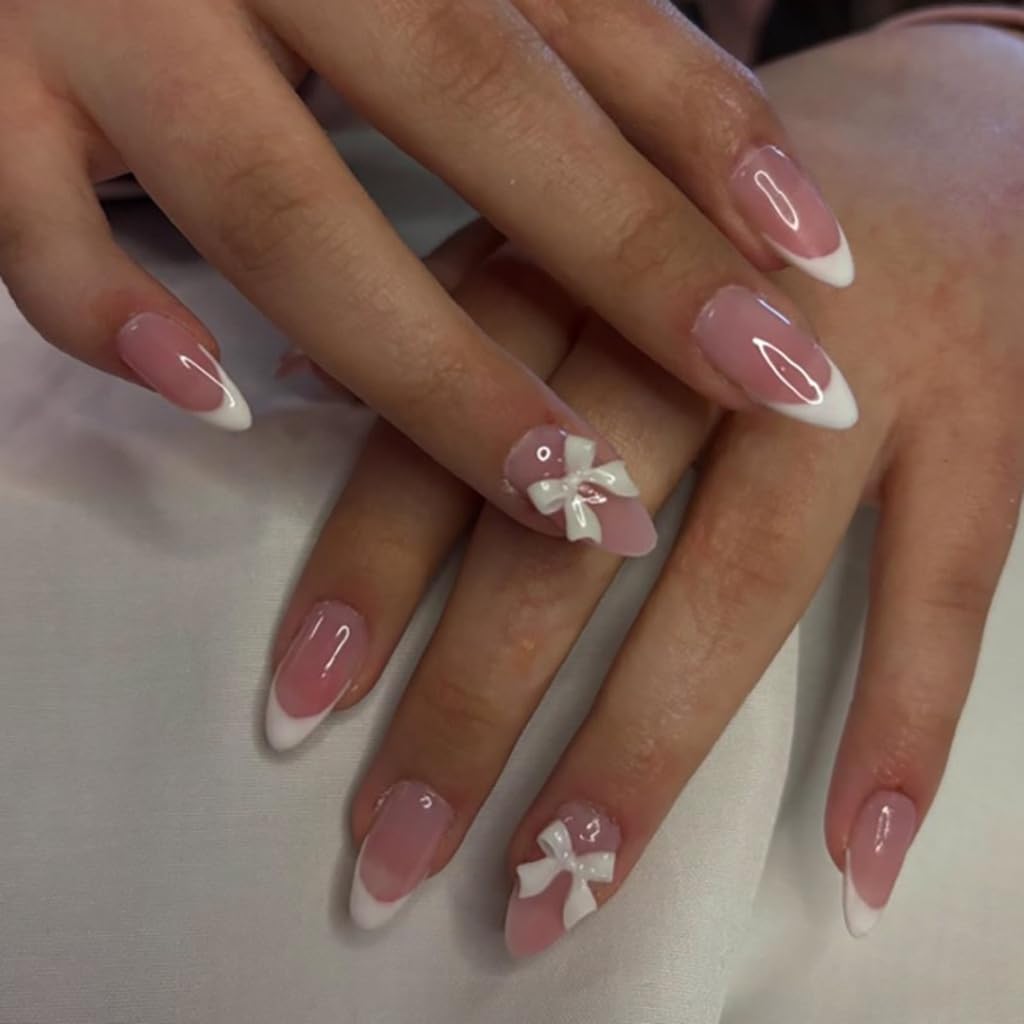 CTTHNBD Almond Press on Nails - White French Tip Fake Nails with Bow Charms Design - Glossy, Medium False Nails - for Women 24 Pcs