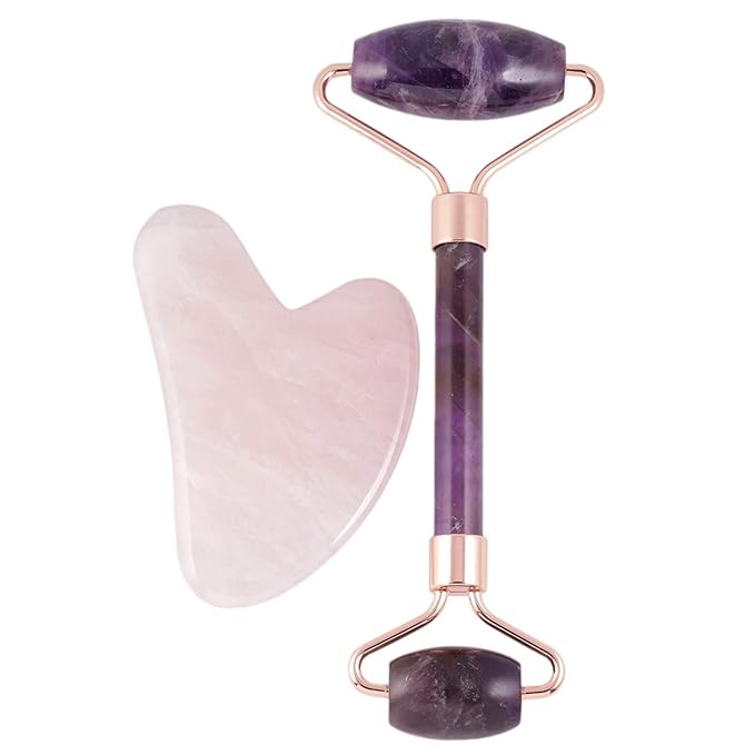 Rockcloud Natural Crystal Jade Roller and Gua Sha Scraping Set Massager Tool for Anti Aging Beauty Neck Body Reduce Wrinkles Facial Massager Therapy Amethyst and Rose Quartz
