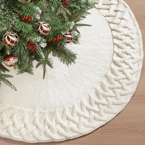 TOCHGREEN White Knitted Christmas Tree Skirt 36 inches Chunky Cable Knit Thick Rustic Christmas Tree Mat Farmhouse Decor Xmas Tree Base Cover for Home Holiday New Year Party Decor (White, 36inch)