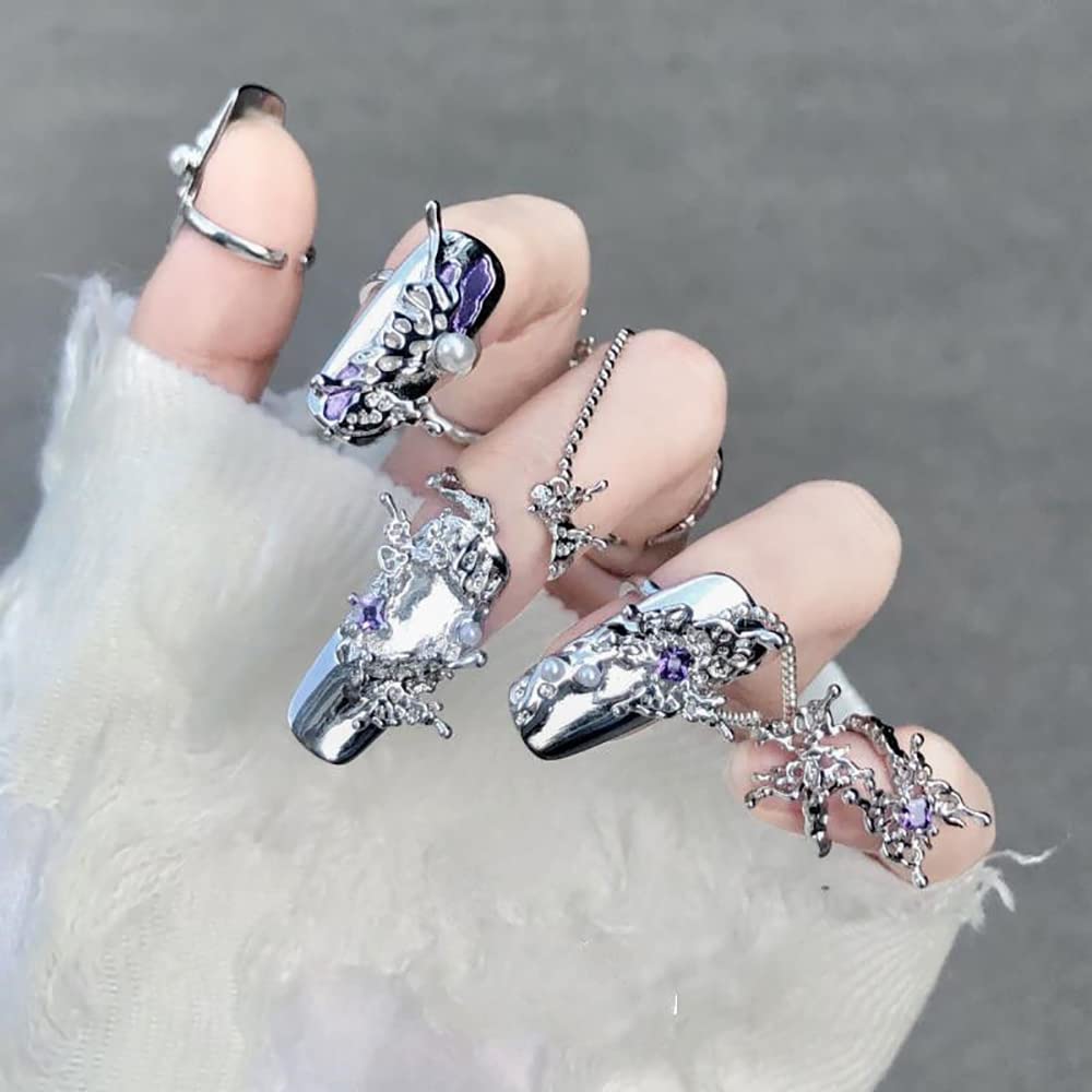 ZCLYHT 5Pcs Women Finger Tip Nail Rings, Purple, Metal, Edge, Half Well Tips, Art Deco, Set of 5
