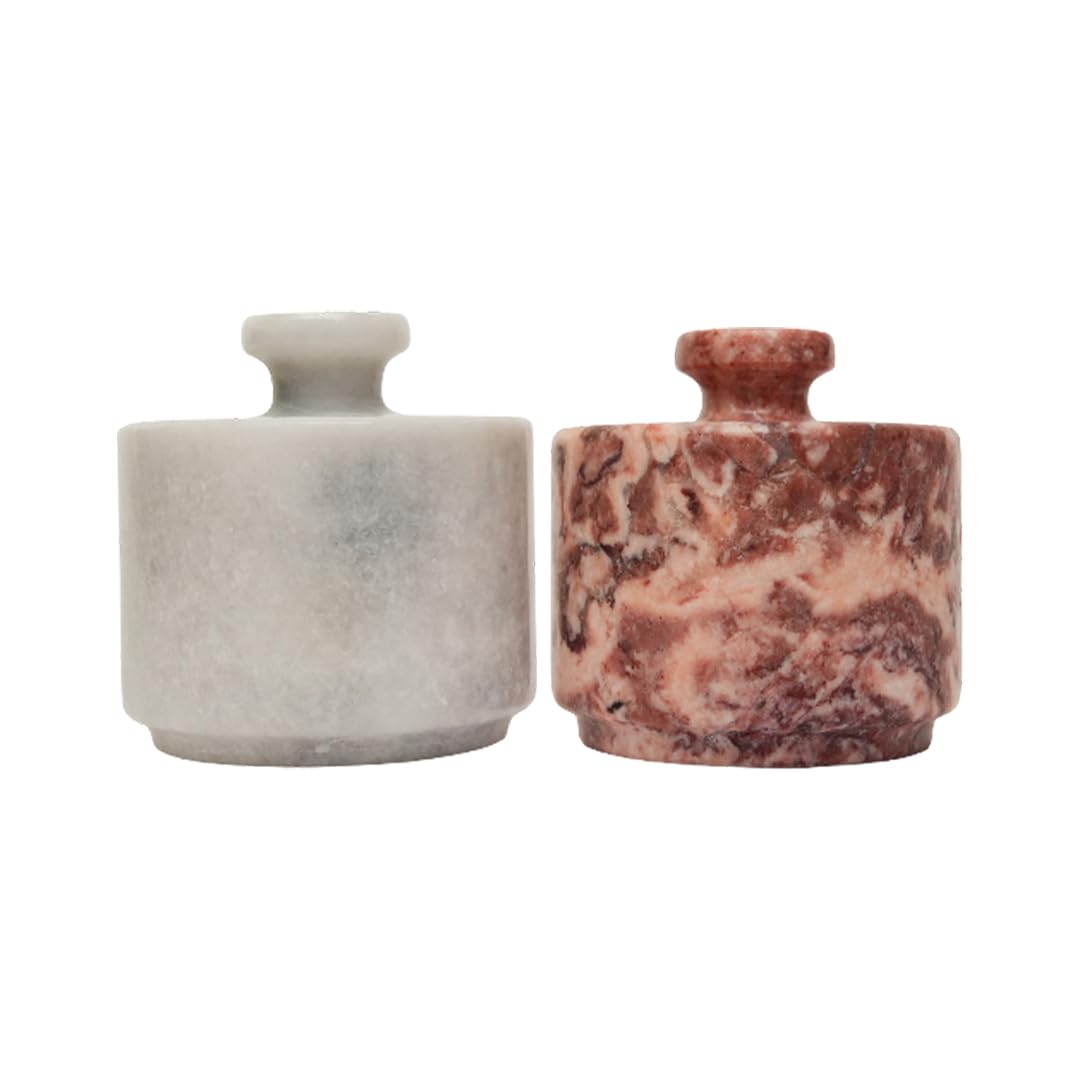 OceanicX Marble Salt Cellar with Lid, 3.5 oz Capacity, Kitchen Counter Storage Container (White Strawberry Pink)
