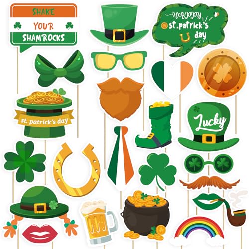 St. Patrick's Day Photo Booth Props, 24 Pcs St Patricks Day Decorations Irish Shamrock Selfie Props, Irish Day Photography Green Photo Booth Props for Women Man Saint Patrick's Day Party Decorations