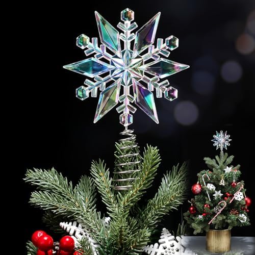 Gejoy 6 Inch Mini Christmas Iridescent Snowflake Tree Topper Acrylic Snowflake Toppers Xmas Ornament Trees Decor Iridescent Tree Topper for Winter Holidays Decor