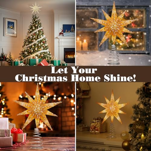 Lewondr Christmas Tree Topper Star, 13inch Xmas Tree Topper with LED Light Beads, Remote & USB Operated 10-Point Star Treetop for Home Christmas Decoration, 6H Timer & 8 Lighting Modes, Gold