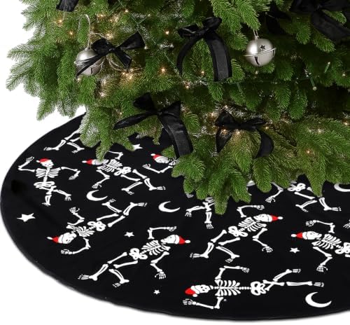 Arrowbash 48 Inch Gothic Christmas Tree Skirt Black White Dancing Skeleton