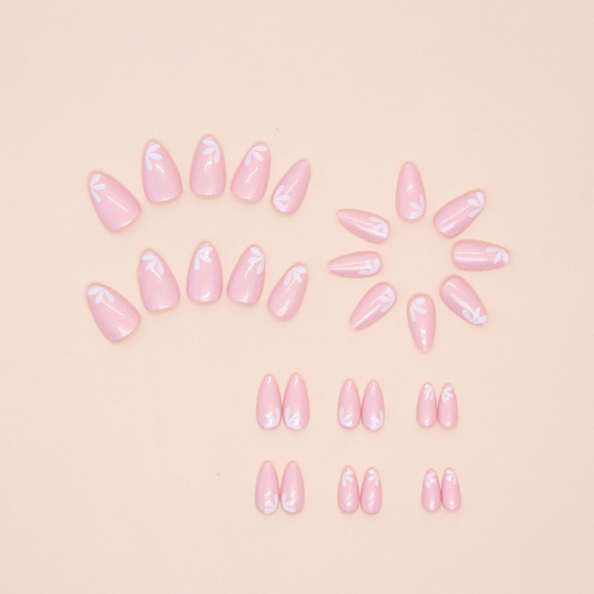 Short Press Almond Pink False Nails with Cute Flower Design - Glitter Acrylic Glossy Full Cover Glue on Shiny Artificial Nails for Women's Manicure - 30Pcs