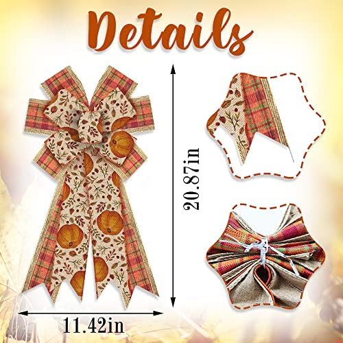 Large Fall Bows for Wreath, Thanksgiving Pumpkin Leaves Wreath Bows Orange Buffalo Plaid Bows for Front Door, Farmhouse Ornament Burlap Tree Topper Bows for Fall Indoor Outdoor Decoration