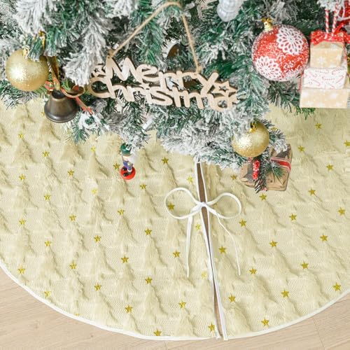 AVOIN colorlife Soft Plush Faux Fur Christmas Tree Skirt 36 Inch, Jacquard Beige Xmas Star Pine Trees Winter Holiday Mat Decoration