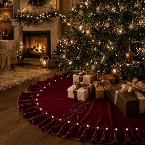 Christmas Tree Skirt,Velvet Tree Skirt with Ruffled Edge with Pearls, Classic Large Velvet Fur Plush Tree Skirt for Merry Christmas(WineRed,60Inch)