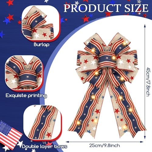 2 Pcs Patriotic 4th of July Lighted Wreath Bow Large Red White and Blue 250th Anniversary Burlap Tree Topper American Flag Star Independence Memorial Day Indoor Outdoor Decoration(Simple)