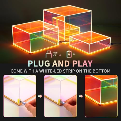 3Pcs Iridescent Acrylic Display Risers with LED light Plug and Play, Lighted Stackable Acrylic Cube Boxes Stand with Hollow Bottom for Figures Jewelry Perfume Purse Liquor Food Buffet Riser - color: Iridescent-LED light-3pcs