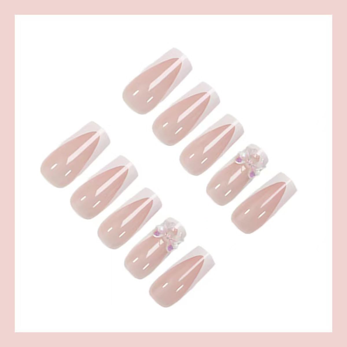 White Press on Nails Bow Fake Nails Short Square False Nail Glossy Full Cover Glue on Nails Nude Stick on Nail Artificial Acrylic Nail for Women Girls Manicure 24Pcs