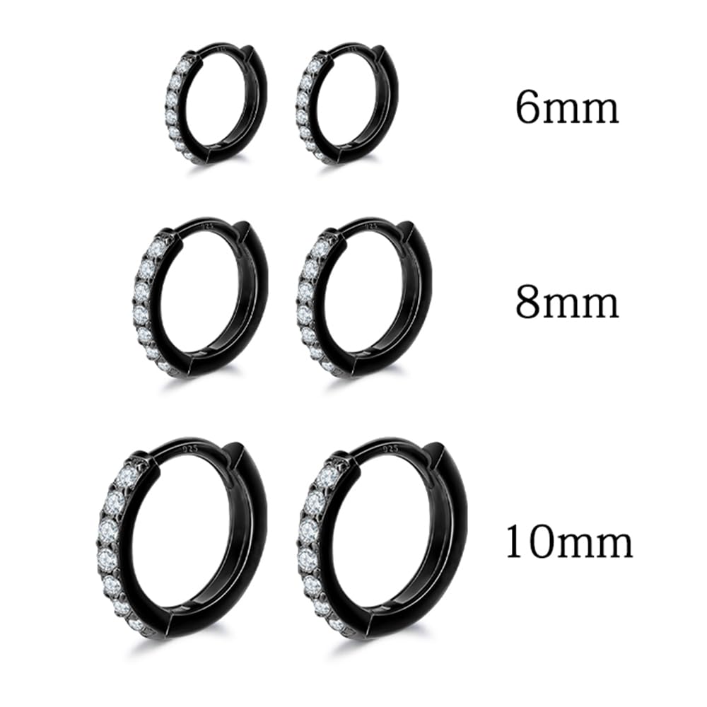Black Hoop Earrings Sterling Silver Stud Earrings for Men Women 6 Pairs Hypoallergenic Tiny Cubic Zirconia Stud Set Cartilage Hoops 6mm 8mm 10mm