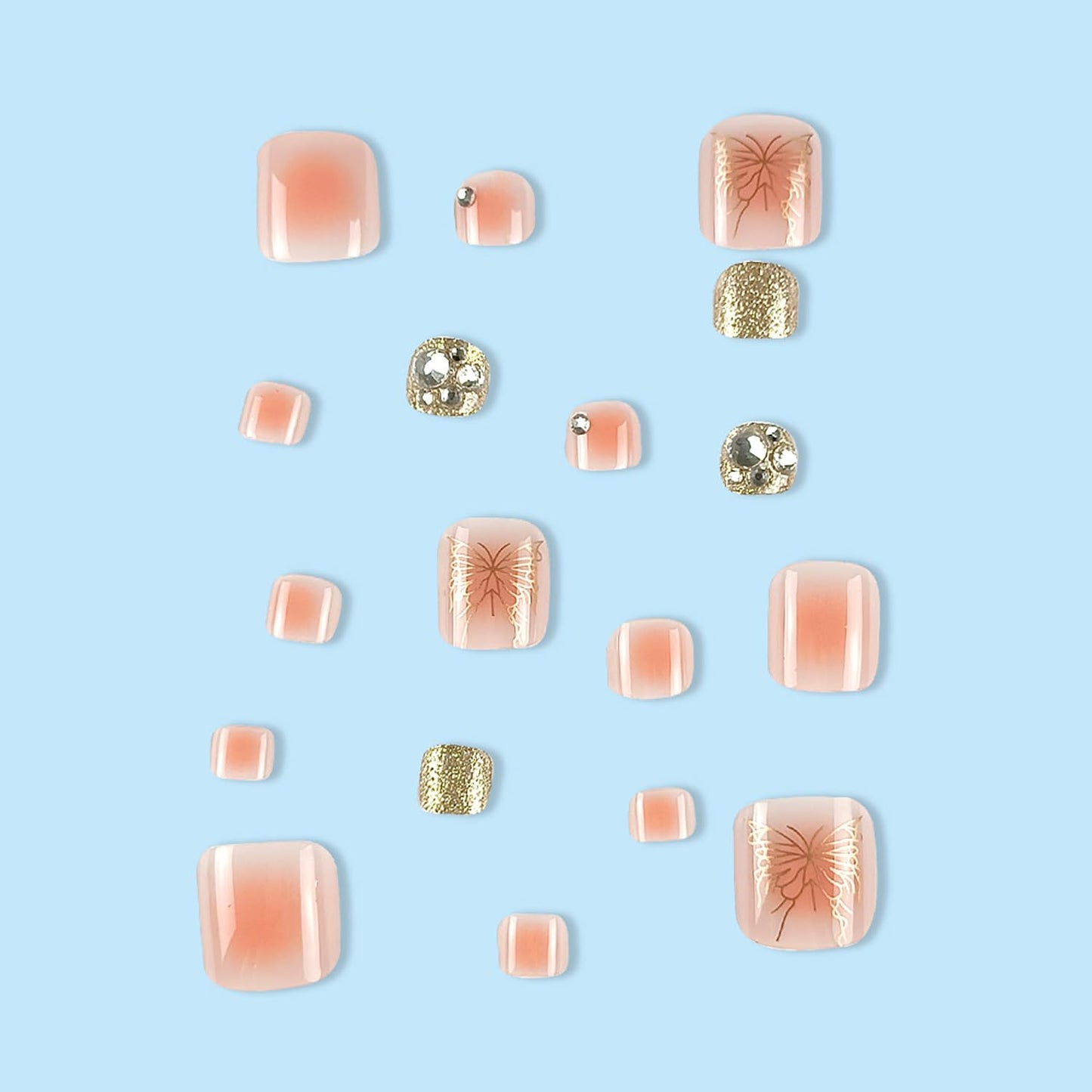 FIEONCIY 24pcs Press-on Square Acrylic False Nails Set with Glue, Gold Butterfly & Rhinestone Design, Spring & Summer Theme, Full Cover Nails, Modern Style