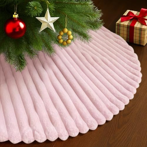 Faux Fur Christmas Tree Skirts, 48 inches Plush Fluffy Christmas Tree Skirt with Stripe Textured Pattern for Christmas Tree Decorations (122CM, Pink Stripe)