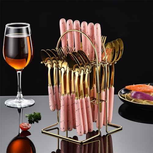 24 Pieces Flatware Set, Stainless Steel Cutlery Set with Silverware Holder, Modern Gold Silverware Set Includes Dinner Knives Forks Spoons,Hanging Silverware Set Service for 6 (Pink Gold) - color: Pink Gold