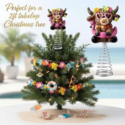 Gejoy Flamingos Highland Cow Miniature Tree Topper, 5.1 Inch Summer Beach Mini Highland Cow Tree Topper Decorations, Resin Cattle Figurine for Home Rustic Farmhouse Table Decor, Summer Gift Ideas