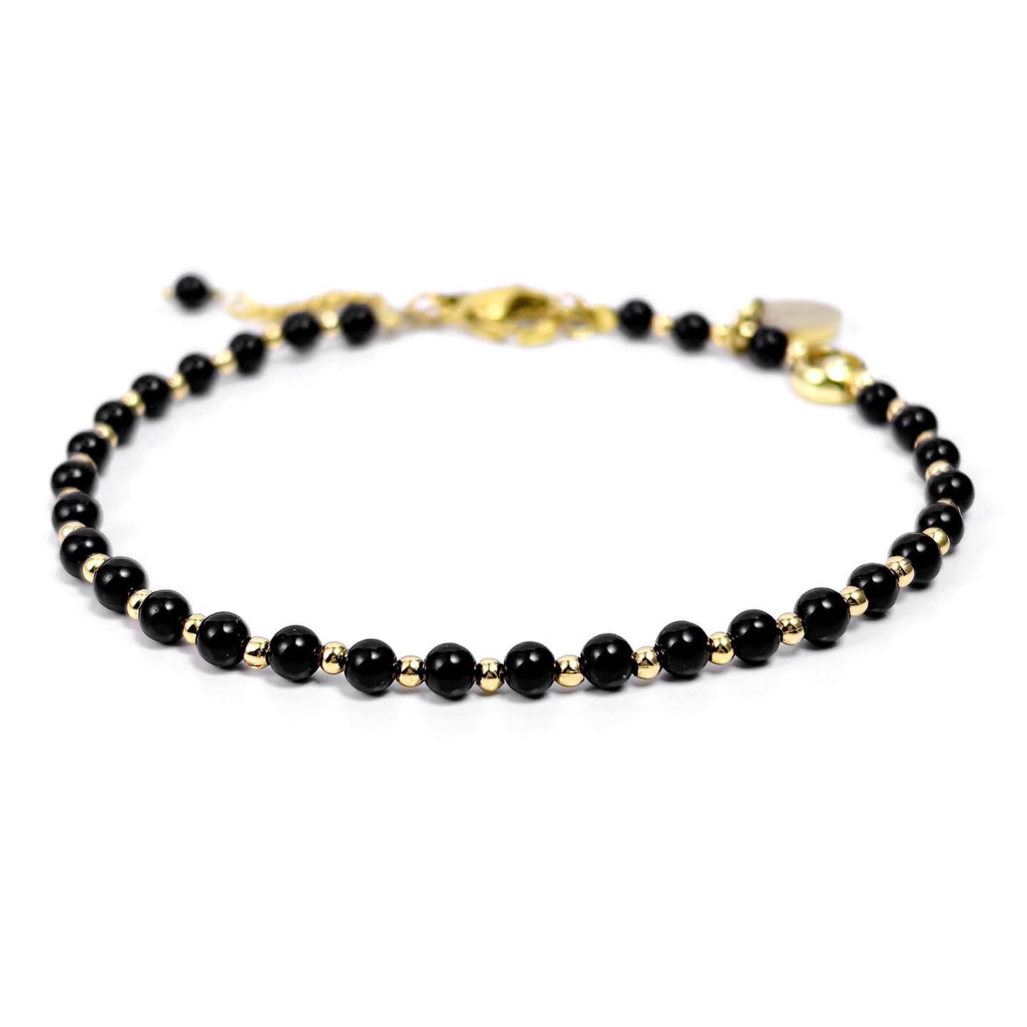 Morchic 3mm Black Onyx Natural Gemstone Beaded Bracelet for Women, Dainty Tiny Charm Jewelry, Adjustable 7.1-8.6", Ideal Birthday Holiday Gift