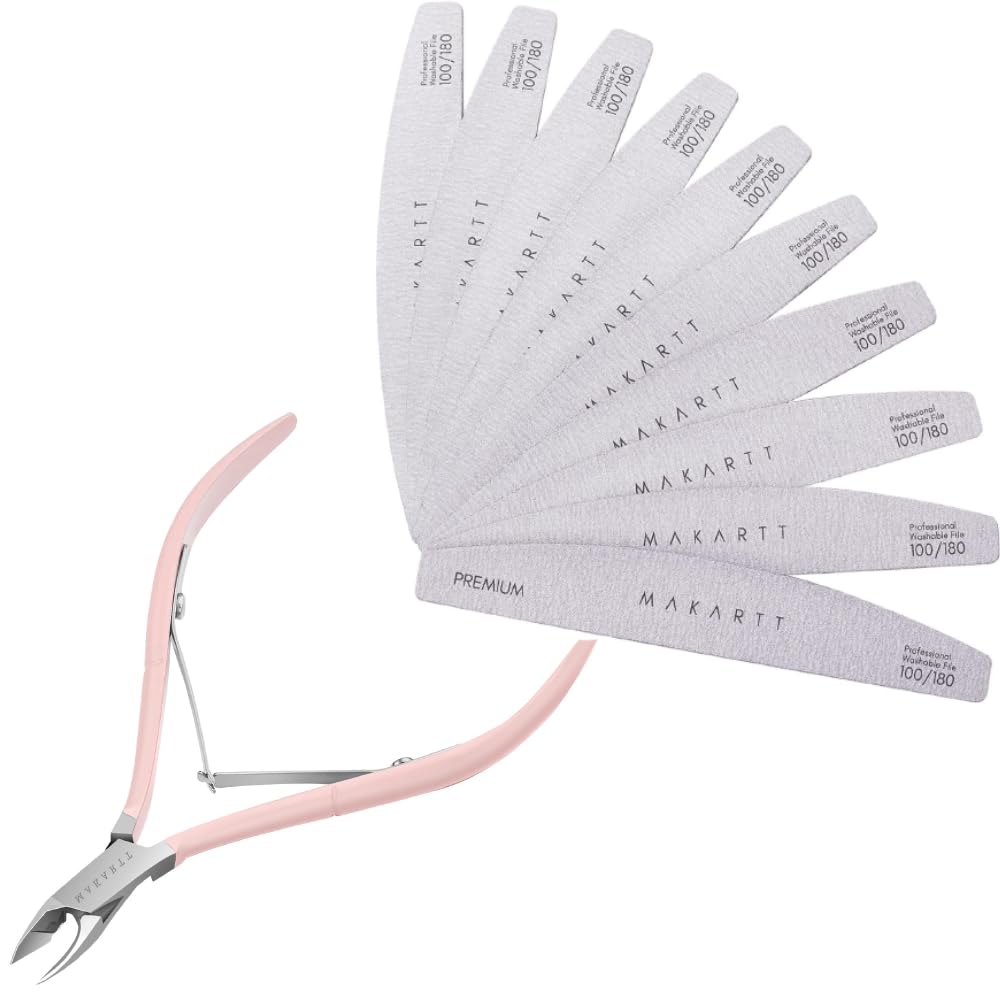 Makartt Nail File 100/180 Grit Nail Files for Acrylic Nails Bundle with Cuticle Nippers, Pink Cuticle Trimmer Extremely Sharp Full Jaw Cuticle Cutter Nail Care
