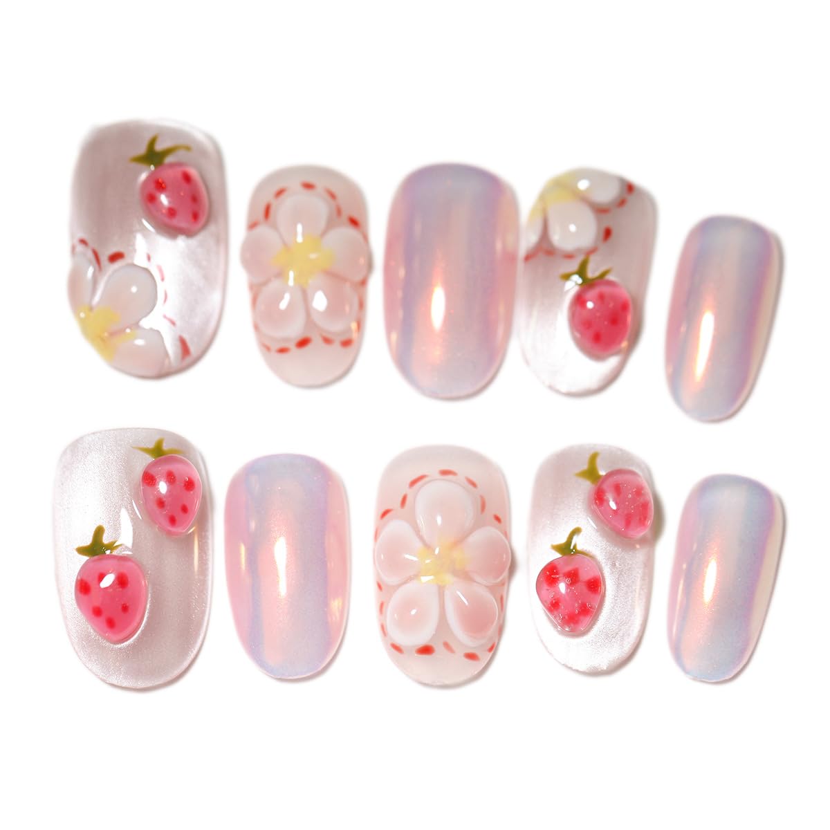 10Pcs Medium Almond Handmade Press On Nails | Easy Apply & Remove, Reusable Salon Quality Nails | Sweet Pink & Red Fake Nails with 3D Strawberry & Floral Accents (A008, S)