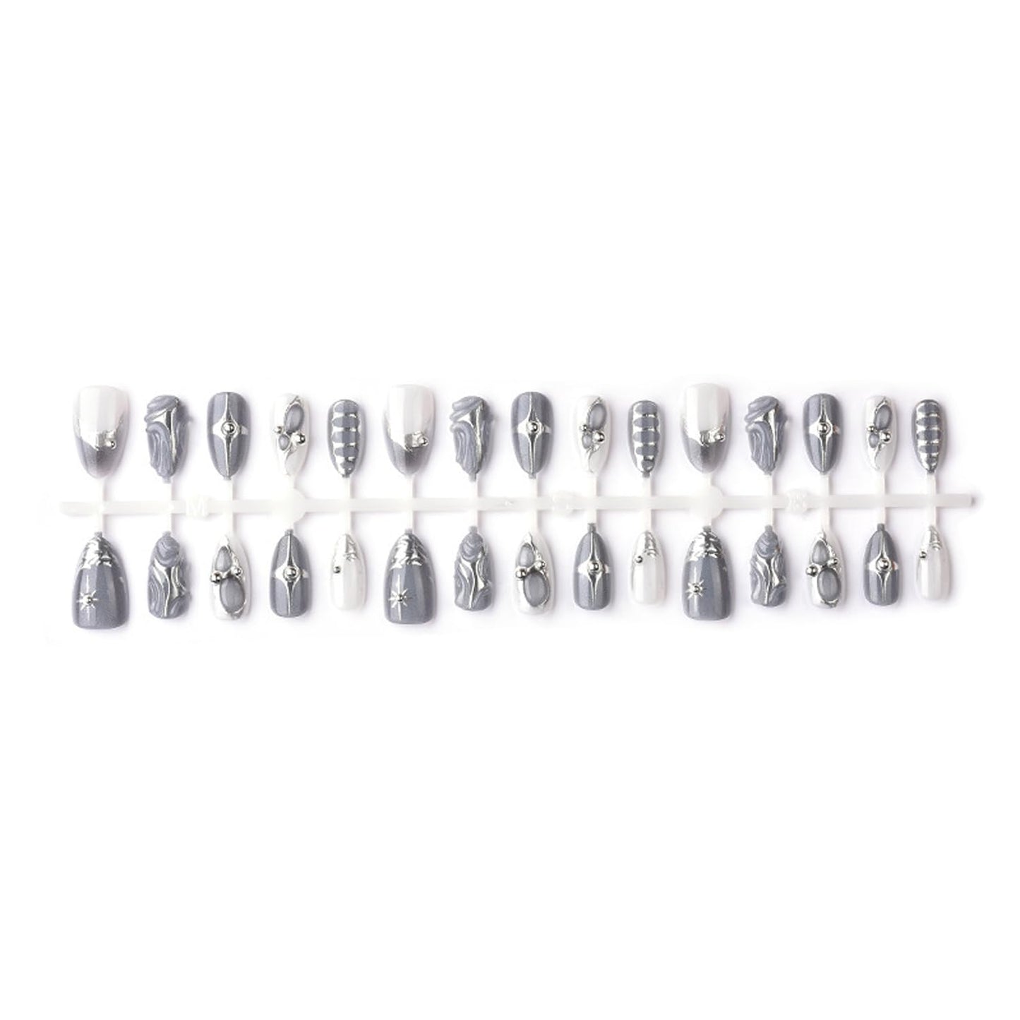 30Pcs Silver French Tip Press on Nails Medium Almond Fake Nails with 3D Beads & Silver Star Irregular Designs Dark Grey Acrylic Nail Tips Gothic Full Cover Glue on for Women DIY Manicure Decorations
