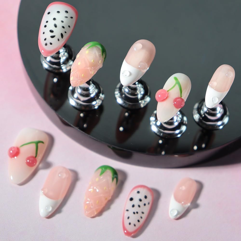 LIFOOST Handmade Press On Nails Medium Almond French False Nail Tips, 3D Pink Fruit Design 10pcs Reusable 3D Cartoon Glue On Acrylic Fake Nails