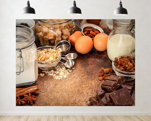 Trykid 9x6ft Baking Ingredients Rustic Table Backdrop Gourmet Food Photography Background Cooking Class Food Festival Bakery Opening Party Decoration Photo Booth Prop Fabric - size: 9x6ft