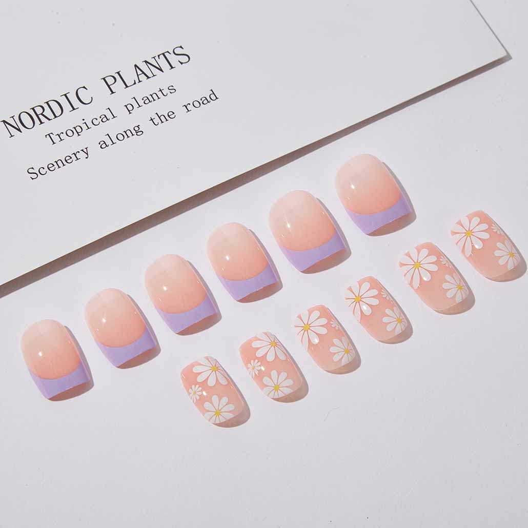 Foccna French Tip Press on Nails Medium, Purple Fake Nails Square Acrylic False Nails Flower Design,Artificial Nails for Women and Girls, 24 pcs
