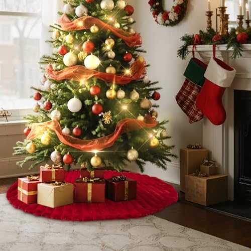 Lanpn Christmas Tree Skirt 48 inch, Faux Fur Xmas Tree Skirt Plush Winter Christmas Tree Mat for Large Artificial Trees Winter Home Party Holiday Indoor Xmas Decorations (Red, 120cm)